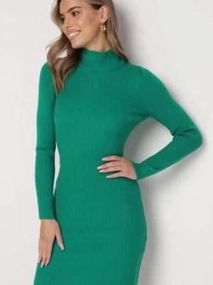 Zielona Prążkowana Sukienka Mini Sweterkowa z Golfem Agoain