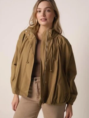 Zielona Przejściowa Kurtka Bombka Oversize z Bawełny i Wiskozy Effinue