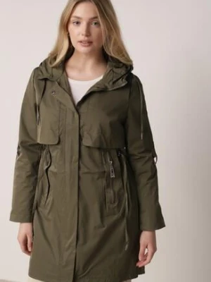 Zielona Przejściowa Kurtka Parka z Kapturem i Podwijanymi Rękawami Tinarose