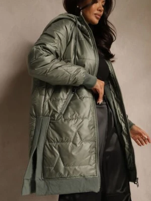 Zielona Przejściowa Kurtka z Kapturem Zdobiona Pikowaniem Fesulia swest