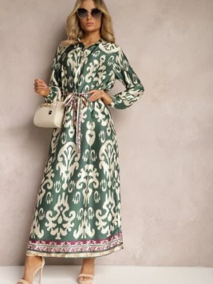 Zielona Pudełkowa Sukienka Satynowa z Paskiem w Talii w Ornamentalny Print Tarosa