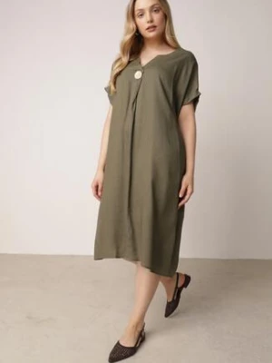 Zielona Pudełkowa Sukienka z Lnem i Wiskozą Zdobiona Metalicznym Guzikiem Phisoth rosita