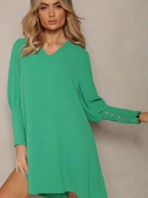 Zielona Pudełkowa Sukienka z Rozkloszowanym Dołem i Bufiastymi Rękawami Kaimana j studio