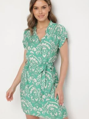 Zielona Pudełkowa Sukienka z Wiązaniem w Talii w Abstrakcyjny Wzór Namsioli