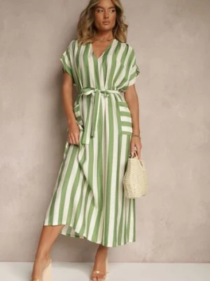 Zielona Pudełkowa Sukienka z Wiskozą z Motywem Pasków i Wiązaniem Lumierae j&x