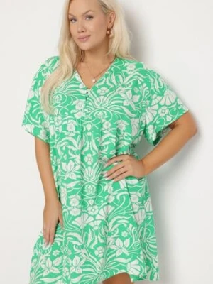 Zielona Pudełkowa Sukienka z Wiskozy w Kwiaty z Guzikami Liramiree melya by melody