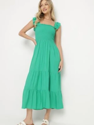 Zielona Rozkloszowana Bawełniana Sukienka na Ramiączkach z Gumkami i Falbanką Mevesta
