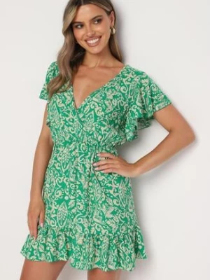 Zielona Rozkloszowana Bawełniana Sukienka z Gumką w Talii i Falbanami Nelsea defox