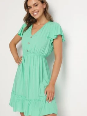 Zielona Rozkloszowana Bawełniana Sukienka z Guzikami i Falbanami Natinema defox