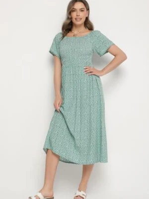 Zielona Rozkloszowana Sukienka Hiszpanka z Bawełny w Kwiatowy Wzór Sadrivae defox