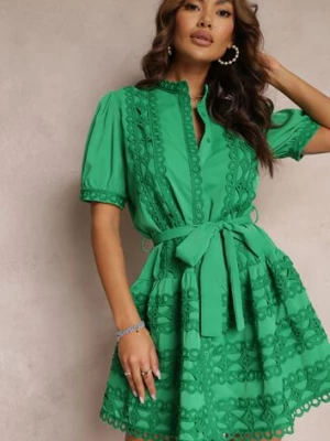 Zielona Rozkloszowana Sukienka Koronkowa z Wiązanym Paskiem Vinka retro & icone