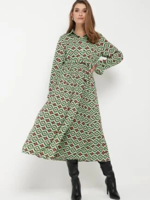 Zielona Rozkloszowana Sukienka Koszulowa w Geometryczny Print Larissam