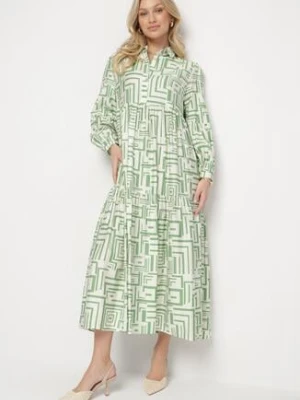 Zielona Rozkloszowana Sukienka Koszulowa z Wiskozą w Geometryczny Wzór Alineria rosa