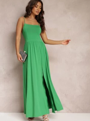 Zielona Rozkloszowana Sukienka Maxi na Cienkich Ramiączkach z Rozporkiem Weslyn