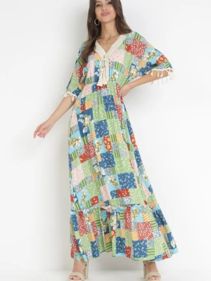 Zielona Rozkloszowana Sukienka Maxi w Patchworkowy Wzór Daliah Rosa