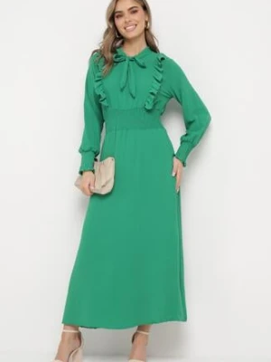 Zielona Rozkloszowana Sukienka Maxi Wiązana przy Dekolcie Ozdobiona Falbankami Nuteki j&x