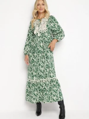 Zielona Rozkloszowana Sukienka Maxi z Falbanką Tinamessa