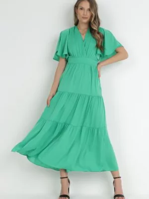 Zielona Rozkloszowana Sukienka Maxi z Falbankami i Odkrytymi Plecami Rallad