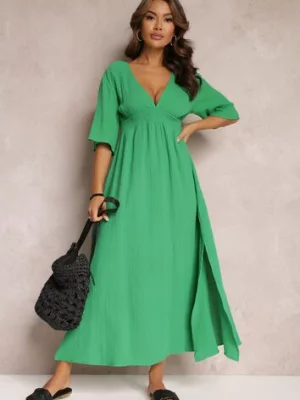 Zielona Rozkloszowana Sukienka Maxi z Głębokimi Wycięciami i Gumką w Talii Thanthea
