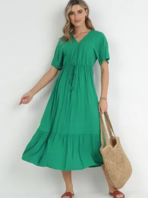 Zielona Rozkloszowana Sukienka Maxi z Gumką i Sznurkiem w Talii z Wiskozy Baneta