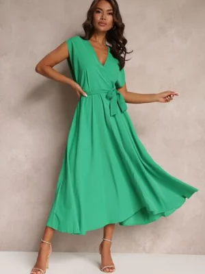 Zielona Rozkloszowana Sukienka Maxi z Kopertowym Dekoltem i Wiązanym Paskiem Hallona