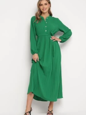Zielona Rozkloszowana Sukienka Maxi z Plisowanym Dołem i Wiązanym Paskiem Nollira