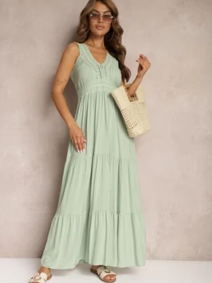 Zielona Rozkloszowana Sukienka Maxi z Szydełkowanymi Wstawkami Ylivea