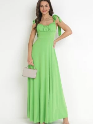 Zielona Rozkloszowana Sukienka Maxi z Wiązanymi Ramiączkami Lisija