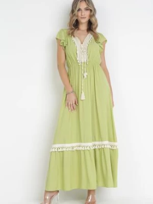 Zielona Rozkloszowana Sukienka Maxi z Wiskozy i Wiązaniem przy Dekolcie Venali
