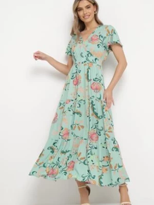 Zielona Rozkloszowana Sukienka Maxi z Wiskozy w Kwiaty z Kopertowym Dekoltem Ilitta