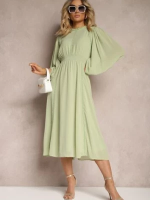 Zielona Rozkloszowana Sukienka Midi z Gumkami w Talii i Koronką Ottillda