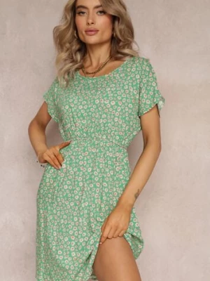 Zielona Rozkloszowana Sukienka Mini w Kwiaty z Gumką w Pasie z Wiskozy Elineano j&x