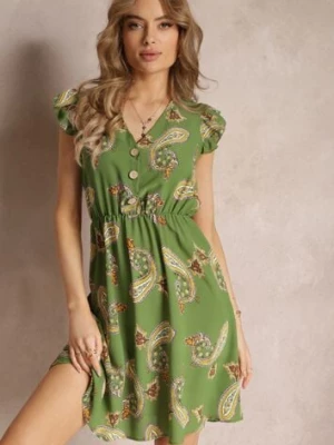 Zielona Rozkloszowana Sukienka Mini we Wzór Paisley Rachelli cflo