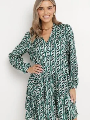 Zielona Rozkloszowana Sukienka Mini z Falbanką Naike rosa