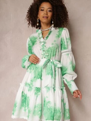 Zielona Rozkloszowana Sukienka Mini z Gumką w Talii i Kokardkami Leenona