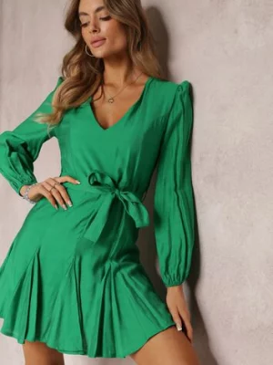 Zielona Rozkloszowana Sukienka Mini z Wiązaniem w Talii Evyna retro & icone
