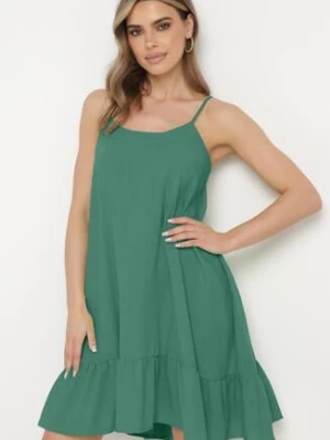 Zielona Rozkloszowana Sukienka na Ramiączkach Wiązana z Tyłu Naisa