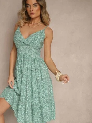 Zielona Rozkloszowana Sukienka na Ramiączkach z Bawełny w Kwiatowy Print Miralessa defox