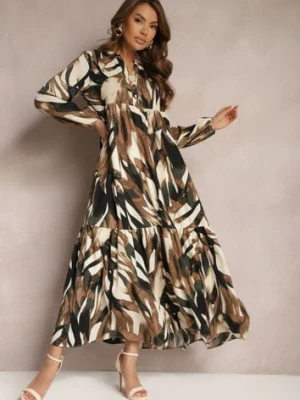 Beżowo-Brązowa Rozkloszowana Sukienka o Koszulowym Fasonie w Abstrakcyjny Print Asequa