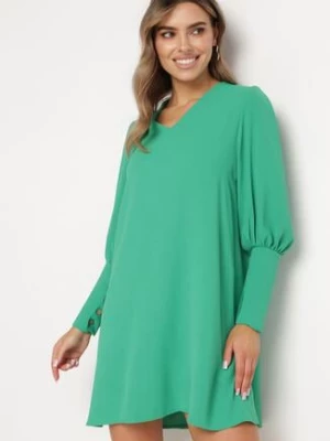 Zielona Rozkloszowana Sukienka Pudełkowa z Bufiastymi Rękawami Gwelan