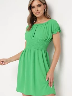 Zielona Rozkloszowana Sukienka Typu Hiszpanka z Gumką w Pasie Tiadella