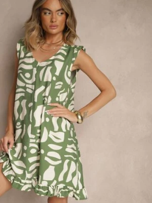 Zielona Rozkloszowana Sukienka w Abstrakcyjny Print z Dekoltem w Kształcie V Mevioraia h&s