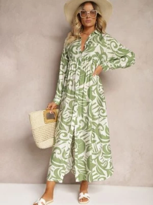 Zielona Rozkloszowana Sukienka w Kroju Szmizjerki z Zapięciem na Guziki i Falbanką Kelloena melya by melody