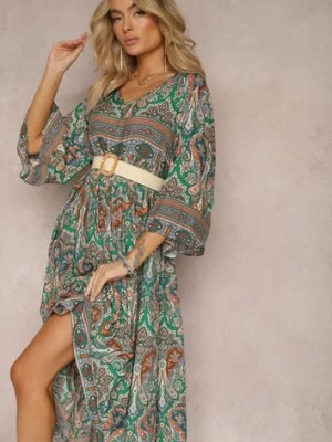 Zielona Rozkloszowana Sukienka we Wzór Paisley z Rękawem 3/4 Briarwa