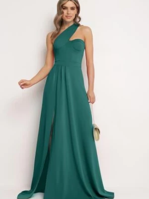 Zielona Rozkloszowana Sukienka z Asymetryczną Górą i Wiązaniem na Ramieniu z Rozcięciem Efirey