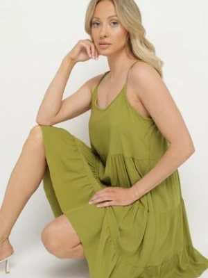 Zielona Rozkloszowana Sukienka z Bawełny na Ramiączkach z Falbanami Lilivane defox