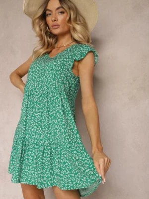 Zielona Rozkloszowana Sukienka z Bawełny Ozdobiona Falbanką Crisandra defox