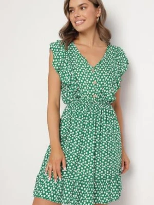 Zielona Rozkloszowana Sukienka z Bawełny w Kwiaty z Guzikami Ronelle defox
