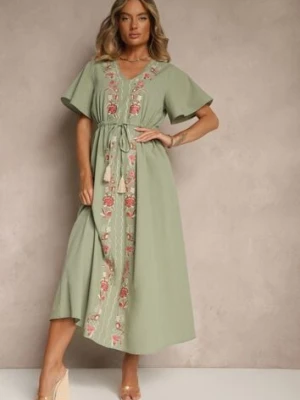 Zielona Rozkloszowana Sukienka z Bawełny w Stylu Boho z Ozdobnym Haftem Sersena rosa