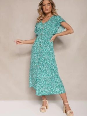 Zielona Rozkloszowana Sukienka z Bawełny z Gumką w Pasie w Drobne Kwiaty Pulinea defox
